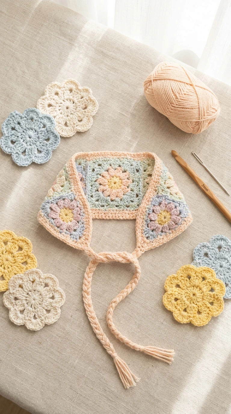 Crochet bandana pattern with floral motifs, yarn, and crochet hook