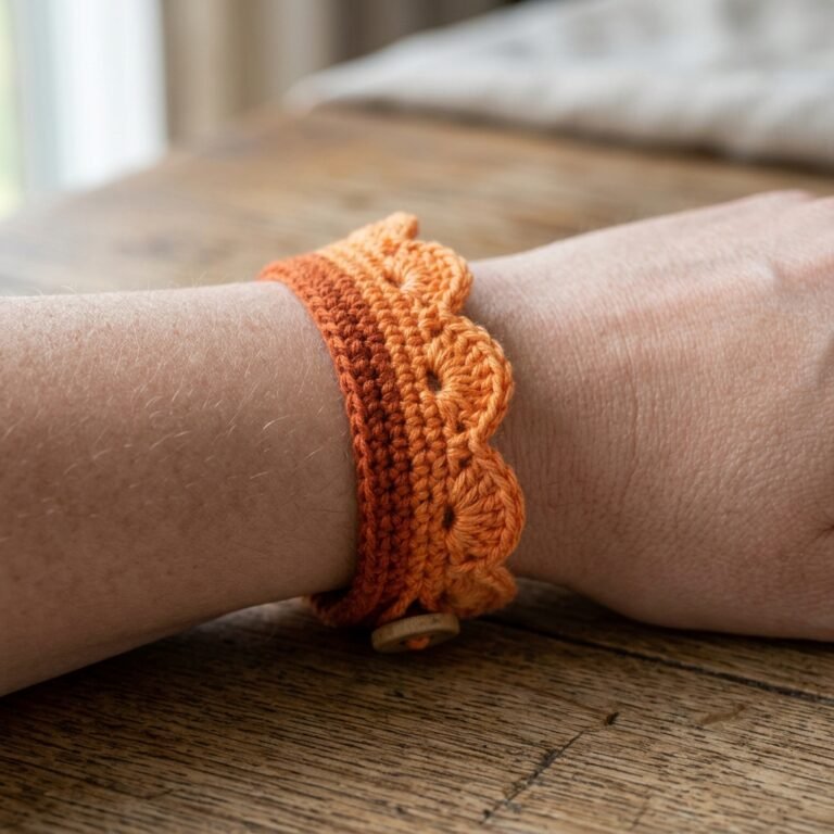 Calico colorway of the wearables crochet pattern bracelet with black, orange, and white yarn blocks