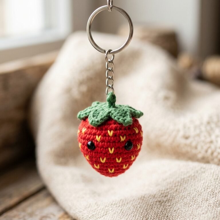 Finished crochet keychain pattern free strawberry amigurumi with leaf cap and keyring