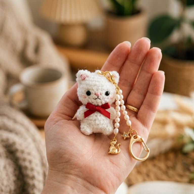 finished cute crochet cat keychain pattern with bow and charms