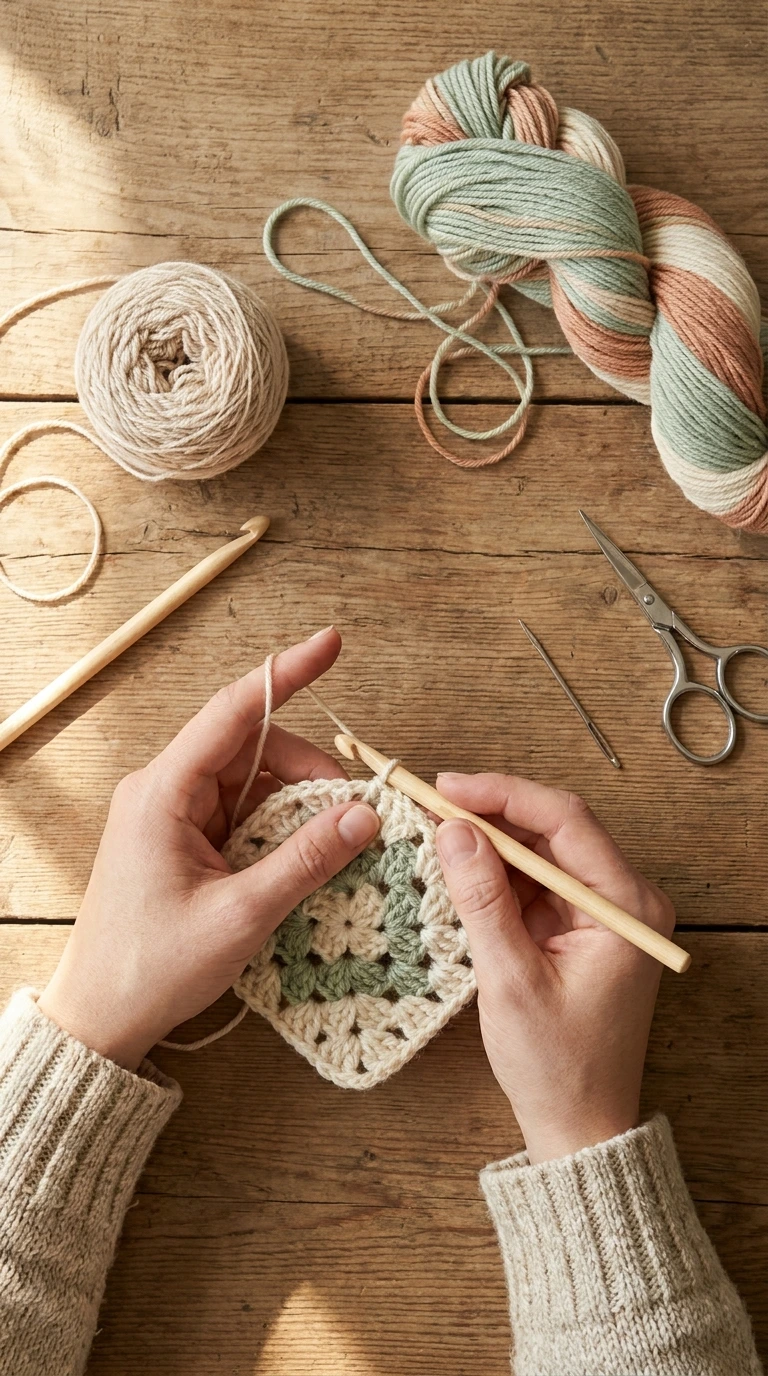 Crochet for beginners - hands crocheting with hook and yarn