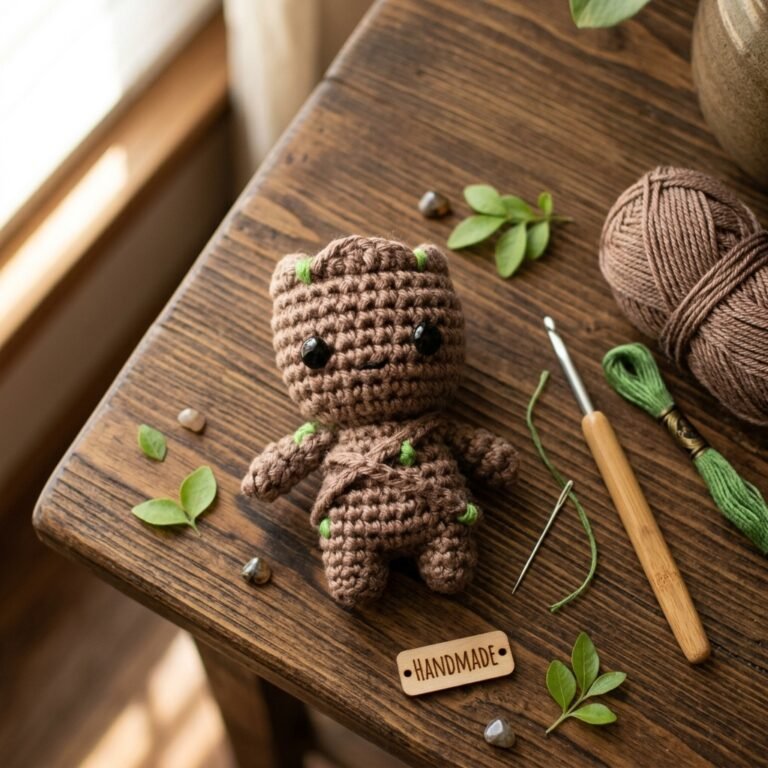 Crochet pattern baby groot cover photo featuring finished amigurumi