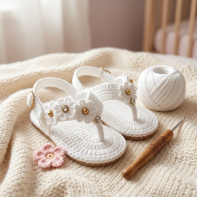 Crochet baby sandals finished white flip flop style with flower detail