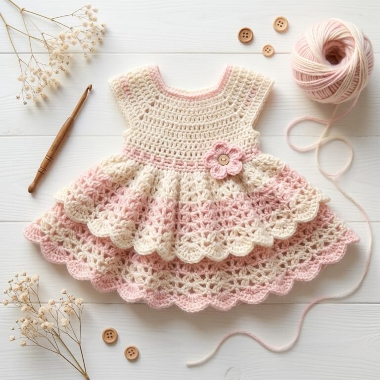 Crochet baby dress free pattern layout featuring four pastel ruffled baby dresses, complete with step-by-step written instructions, sizing tips, and stitch charts