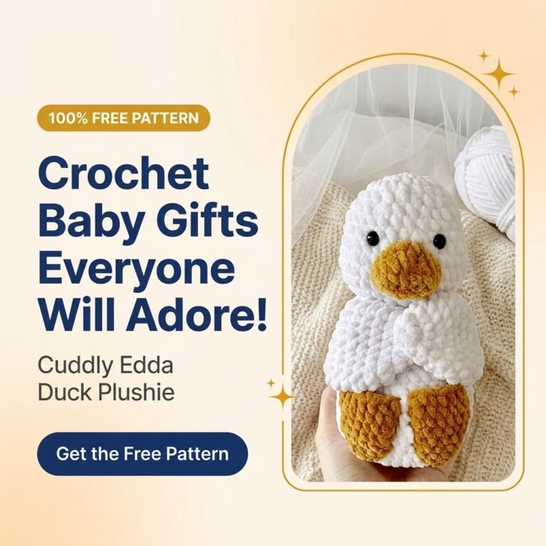 Crochet baby gifts free pattern: cuddly white chenille Edda baby duck plushie with golden beak and feet
