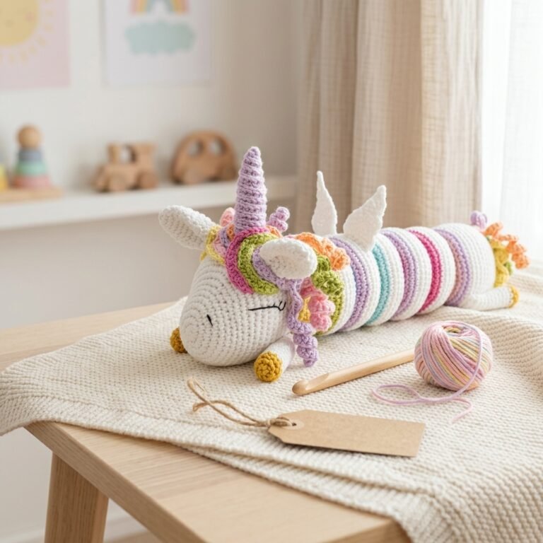 Crochet baby gifts free pattern: handmade sleepy unicorn amigurumi with pastel rainbow rings on a cream baby blanket