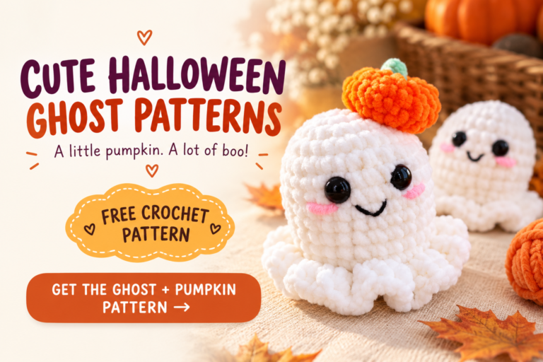 Cute halloween ghost patterns: white plush crochet ghosts with smiling faces and pumpkin or witch-hat accessories