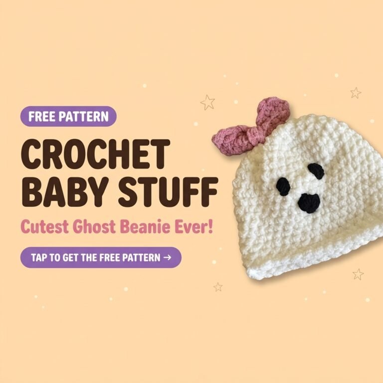 Crochet baby stuff free pattern: white Baby Ghostie Beanie with pink bow, easy Halloween crochet hat for babies