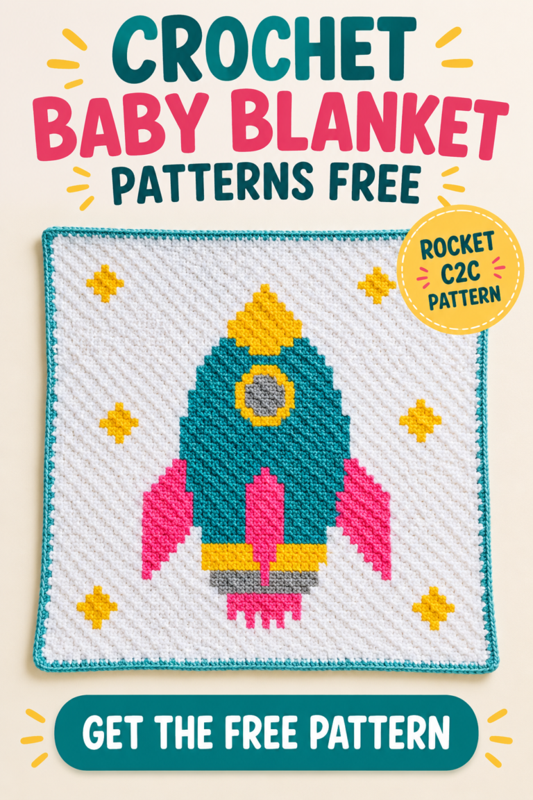 Crochet baby blanket patterns free: colorful rocket C2C blanket with teal body, pink fins, and yellow stars.