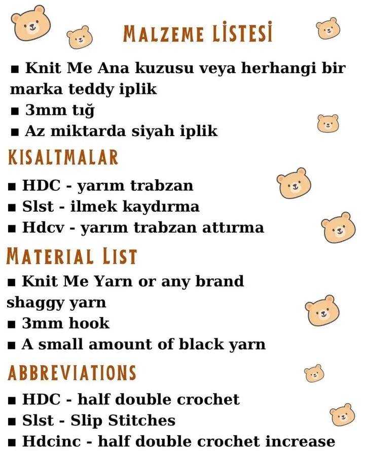 Materials list for crochet bags free patterns: shaggy teddy yarn, 3 mm hook and a small amount of black yarn