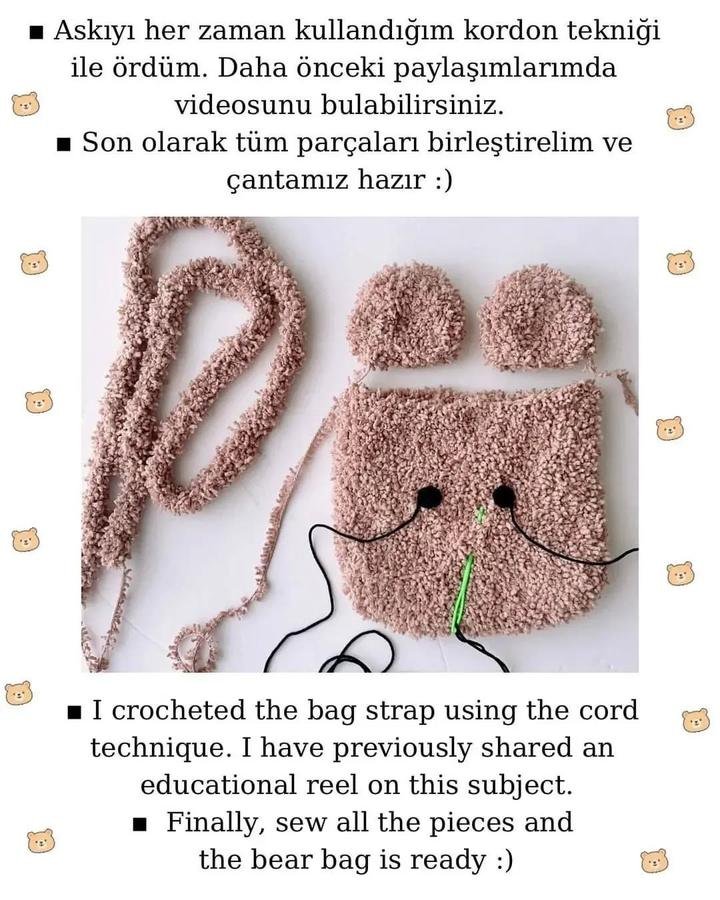 Assembly of the bear bag in crochet bags free patterns: strap, two ears, eyes and bag body laid flat