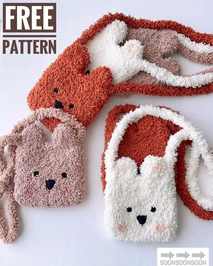 Free crochet bags free patterns: three fluffy teddy bear crochet bags in orange, dusty rose and cream with cord straps
