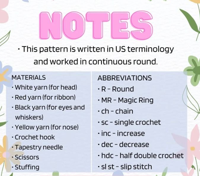 Notes, materials and abbreviations for the crochet keychain pattern free hello kitty