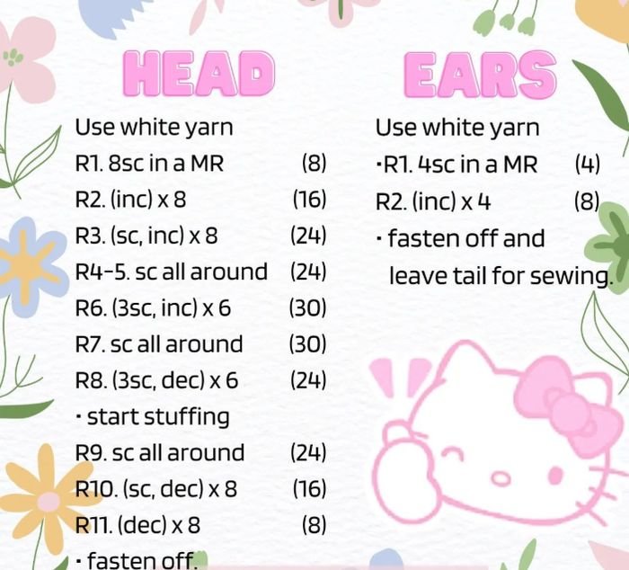Written crochet keychain pattern free hello kitty: head rounds R1 to R11 and ear rounds
