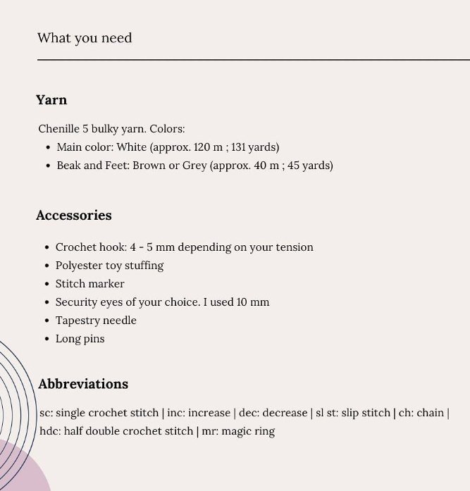 Yarn, hook and supplies list for the crochet baby gifts free pattern Edda baby duck