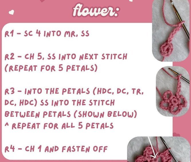 Crochet bookmark flower - Flower rounds 1 to 4 of the crochet bookmark flower