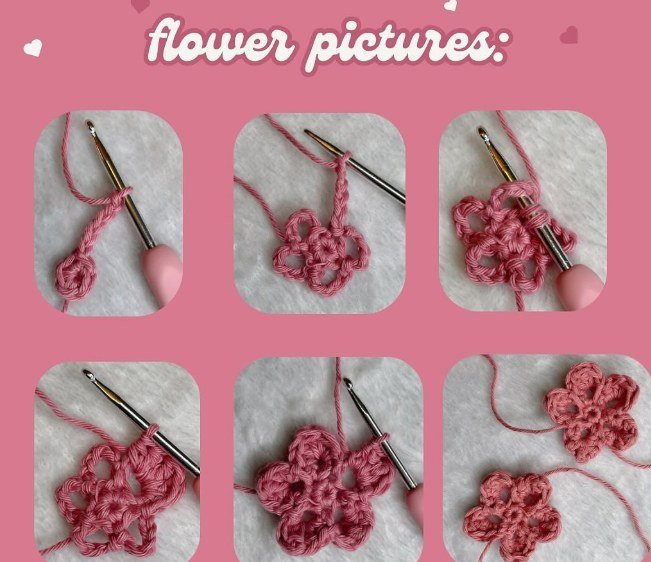 Crochet bookmark flower - Flower pictures: follow each step of the crochet bookmark flower petals