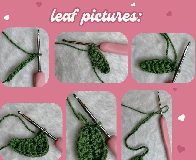 Crochet bookmark flower - Leaf pictures: shaping the leaf of the crochet bookmark flower