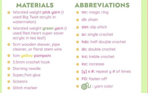 Crochet wired headphones - Materials and abbreviations for the crochet wired headphones flower sprout