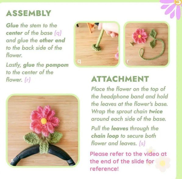 Crochet wired headphones - Assembly and attachment: finished crochet wired headphones flower sprout