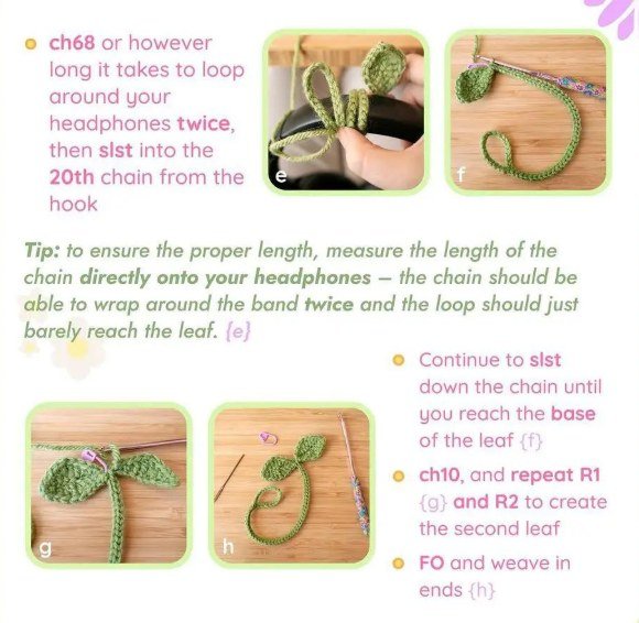 Crochet wired headphones - The ch 68 chain, loop and second leaf of the crochet wired headphones sprout