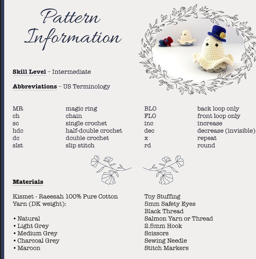 Pattern information, abbreviations and materials for the crochet halloween ghost free pattern