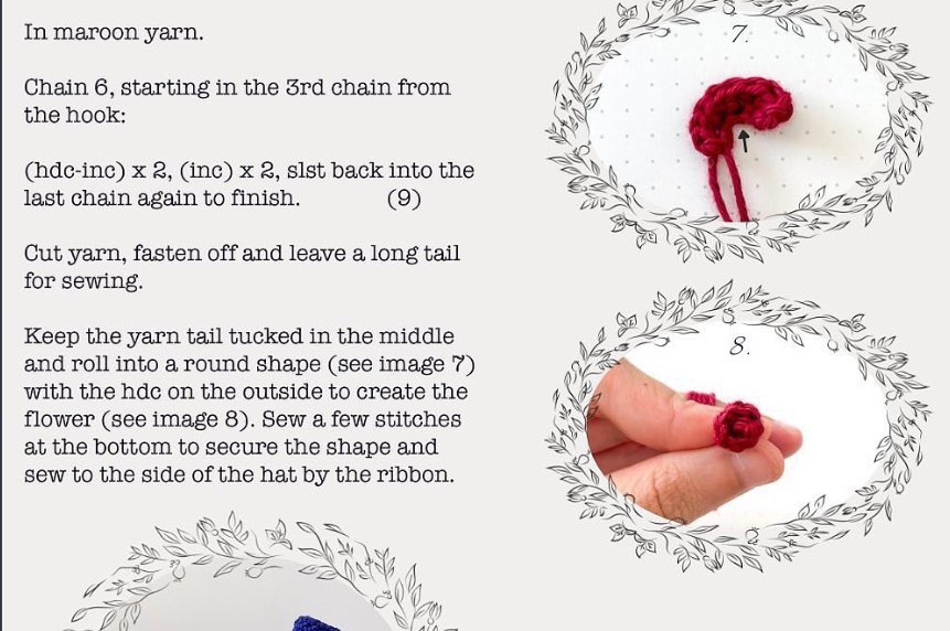 Rolling the maroon flower and attaching it to the hat (images 7 and 8)