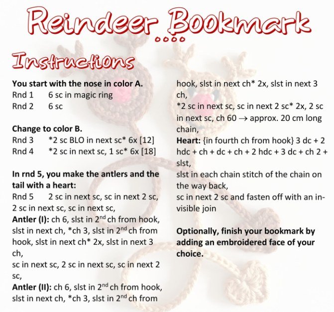 Crochet bookmarks free patterns - reindeer bookmark instructions